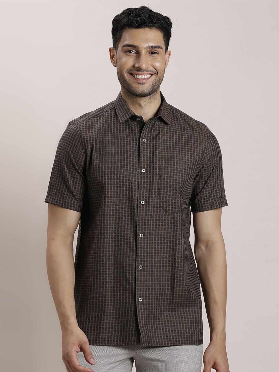 

Turtle Men Classic Spread Collar Micro Checked Cotton Formal Shirt, Brown