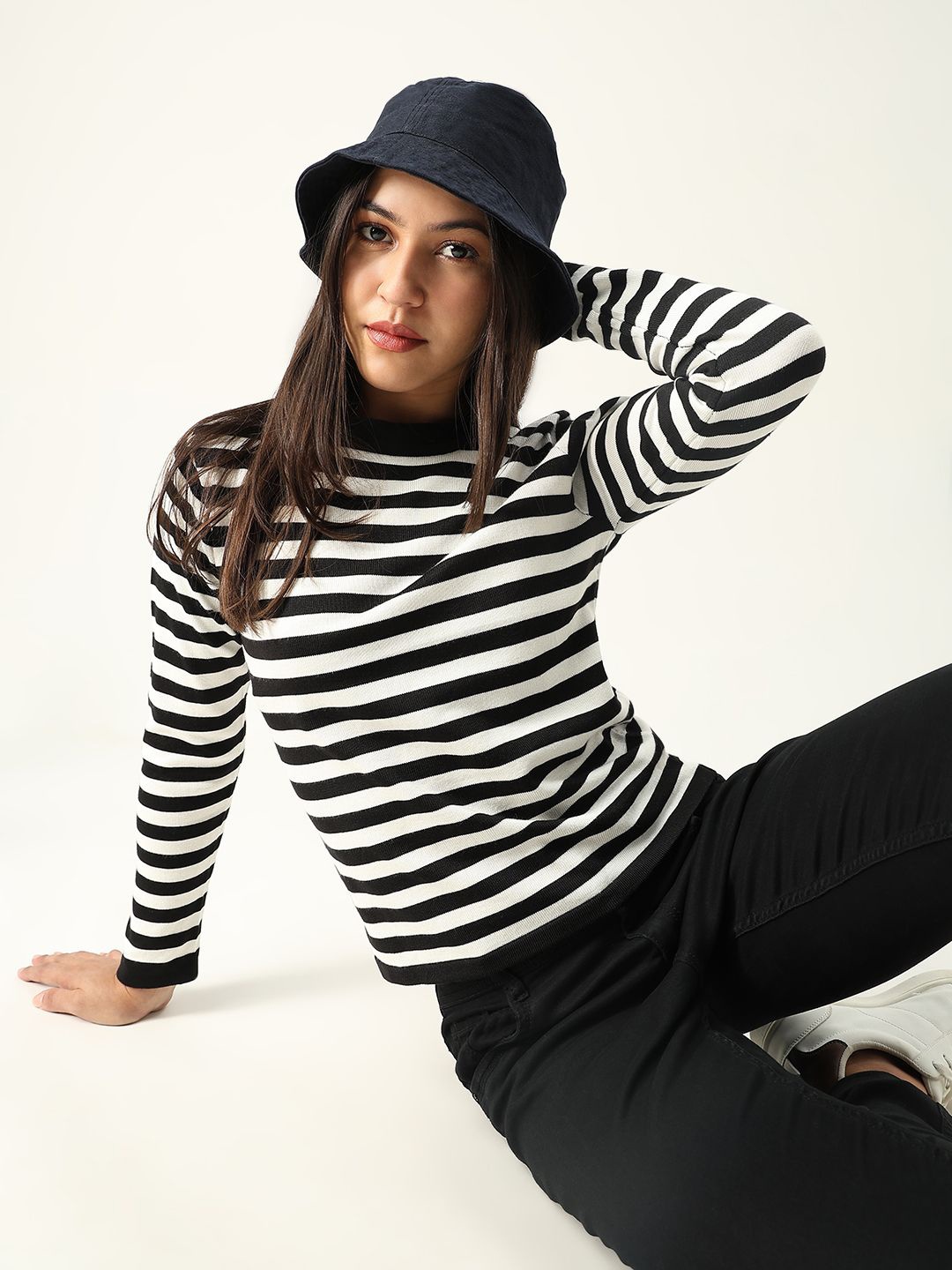 

SHOWOFF Women Horizontal Striped Round Neck Acrylic Top, Black