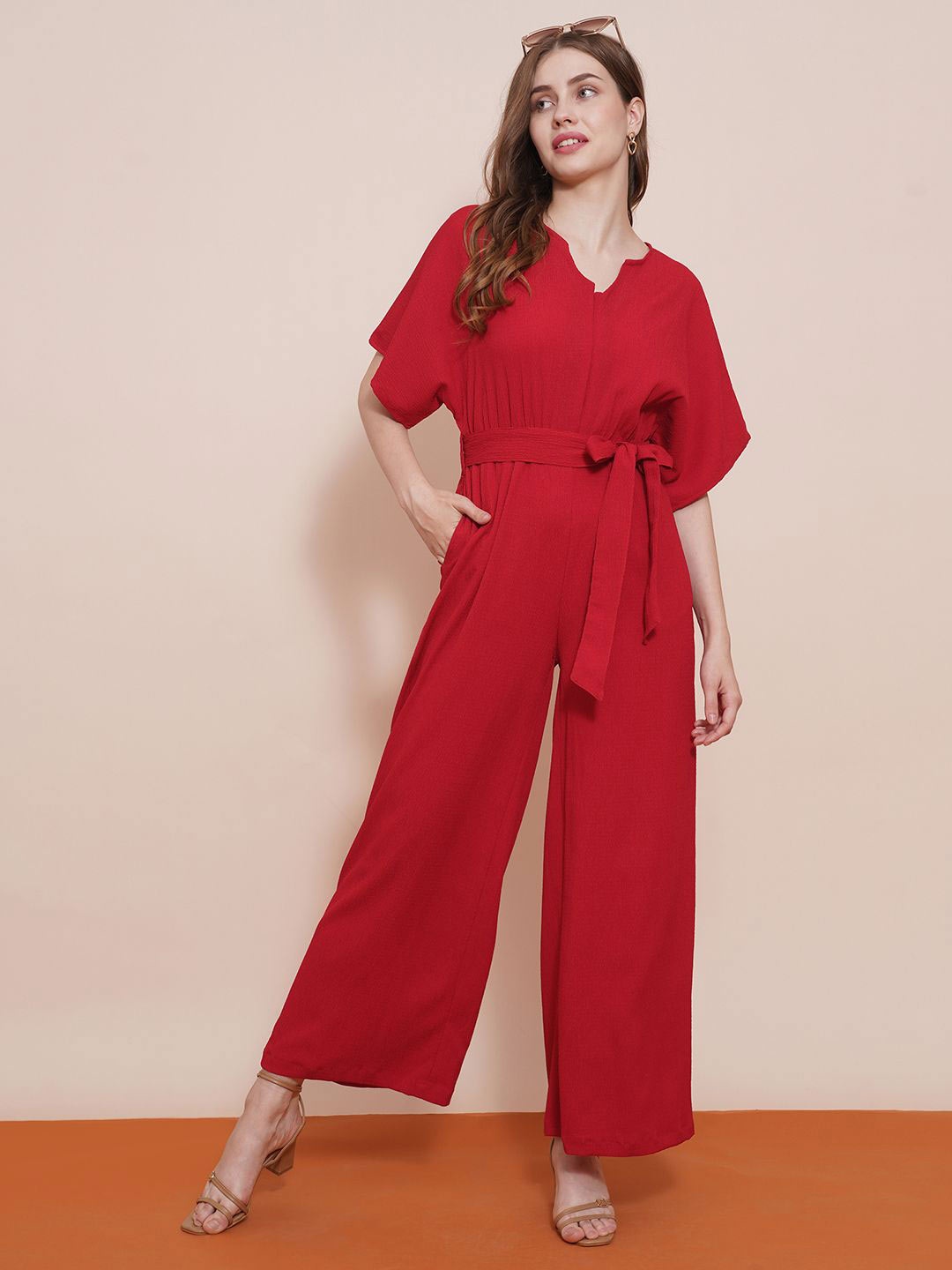 

Globus Round Neck With V Cut Kimono Sleeves Waist Tie-Up Longline Jumpsuit, Red