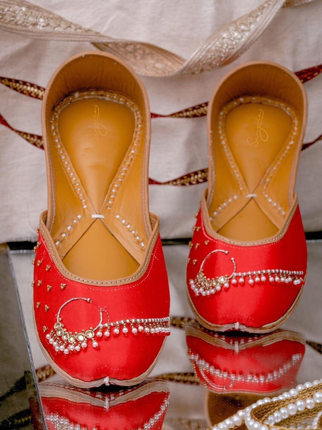 

Sangria Embroidered Leather Mojaris Flats, Tan