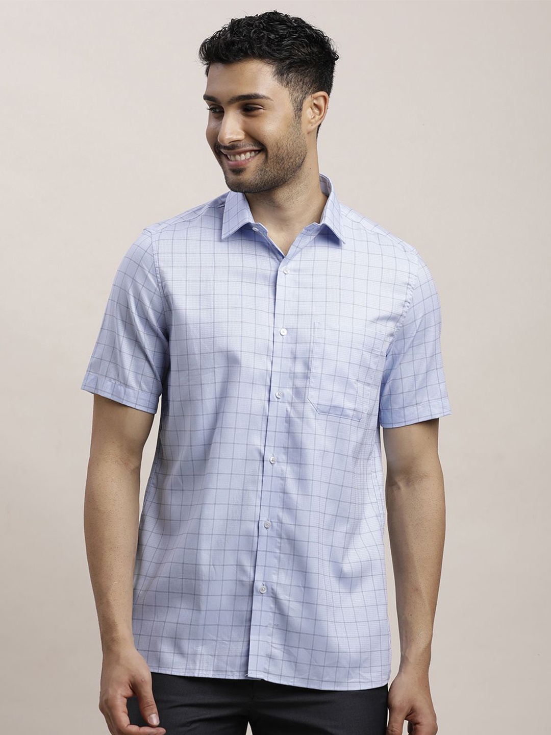 

Turtle Men Classic Spread Collar Micro Checked Cotton Formal Shirt, Blue