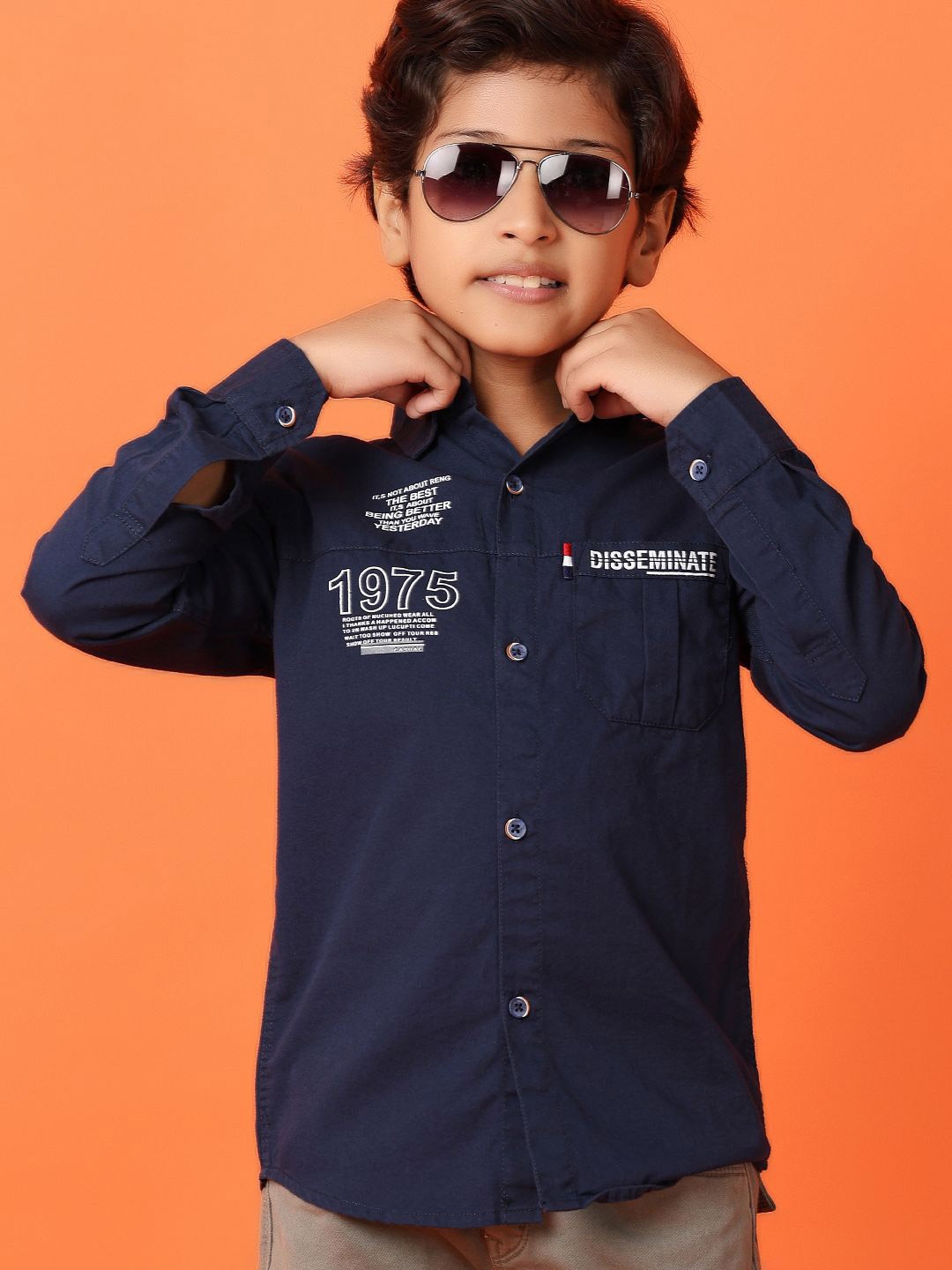 

V-Mart Boys Classic Spread Collar Typography Printed Cotton Casual Shirt, Navy blue