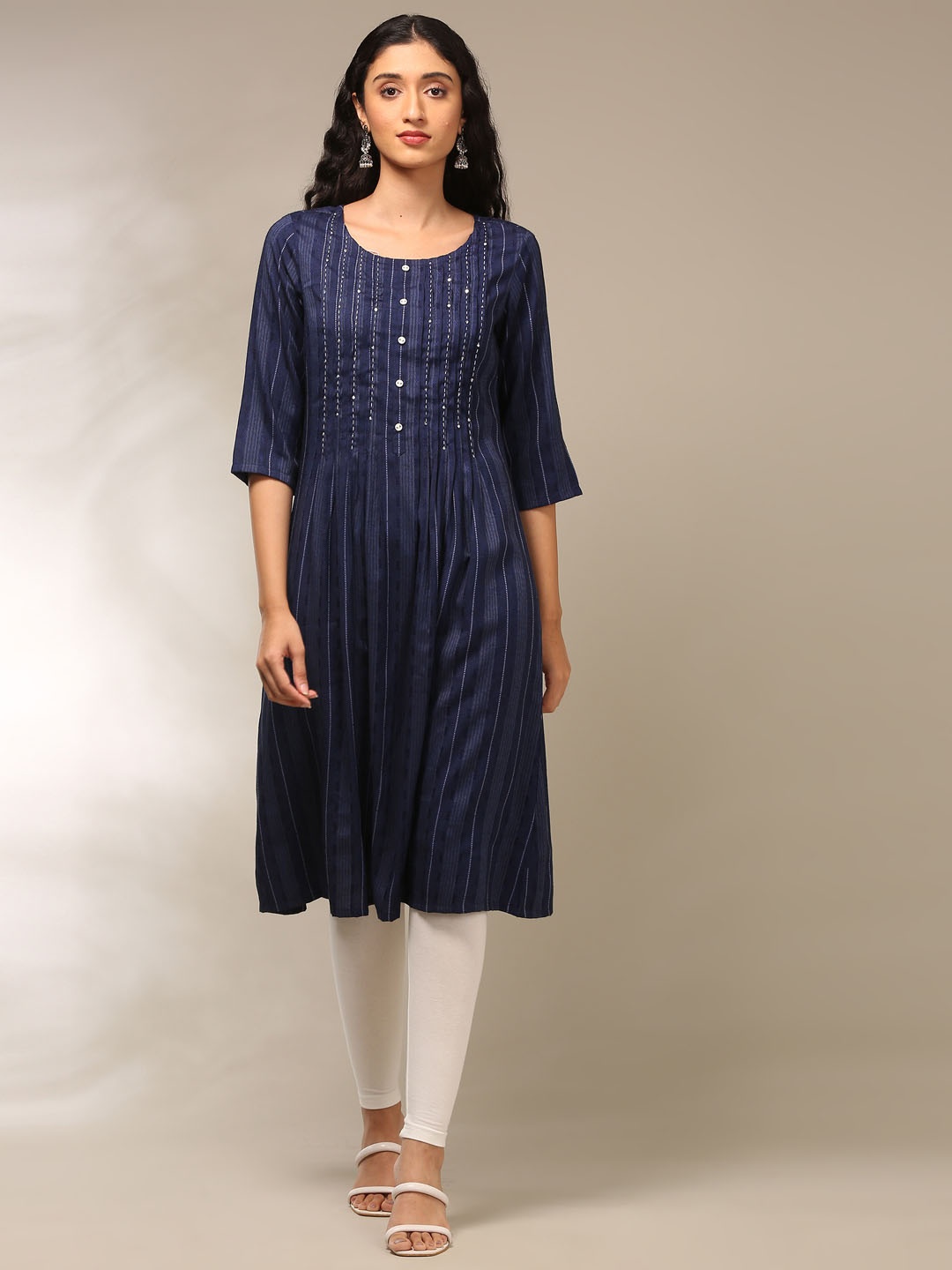 

Alena Striped Round Neck Sequinned A-Line Kurta, Navy blue