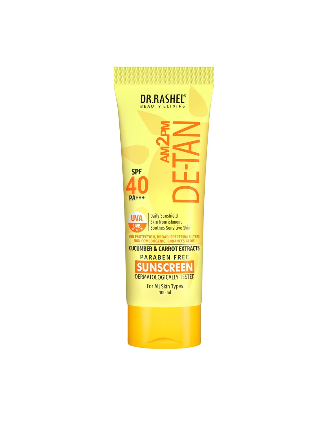 

DR.RASHEL De-Tan Sunscreen SPF 40 PA+++ With Cucumber For Face & Body- 100 ml, Yellow