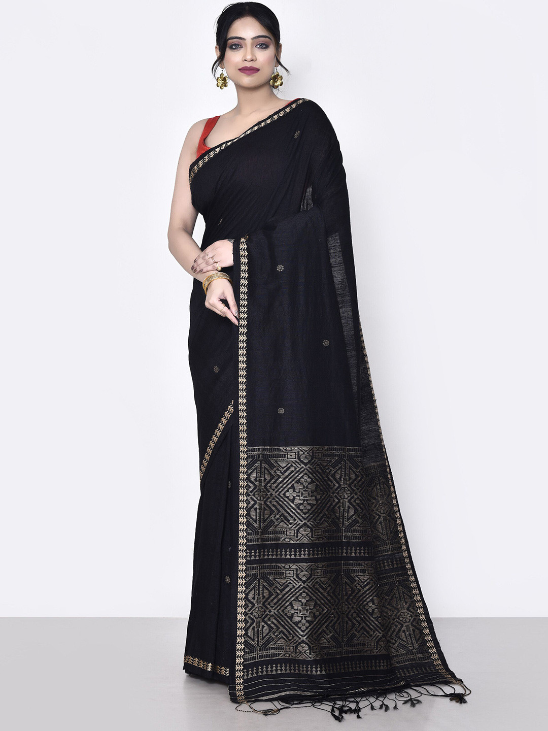 

SPRISH Ethnic Motifs Woven Design Zari Pure Silk Khadi Saree, Black