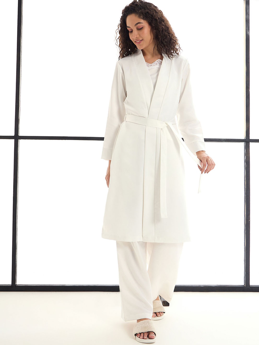 

SASSAFRAS alt-laze Women Satin Strappy Top With Pants & Shrug Night suit, White