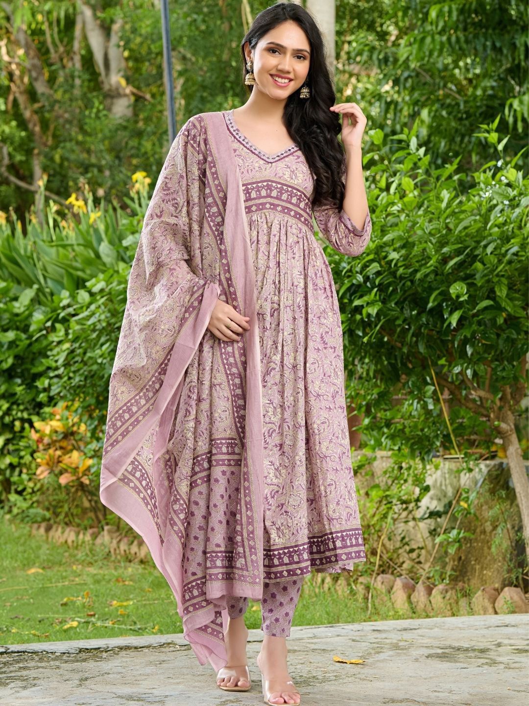 

PRETTY PALLU Printed Mirror Work Pure Cotton Anarkali Kurta with Trouser & Dupatta, Beige