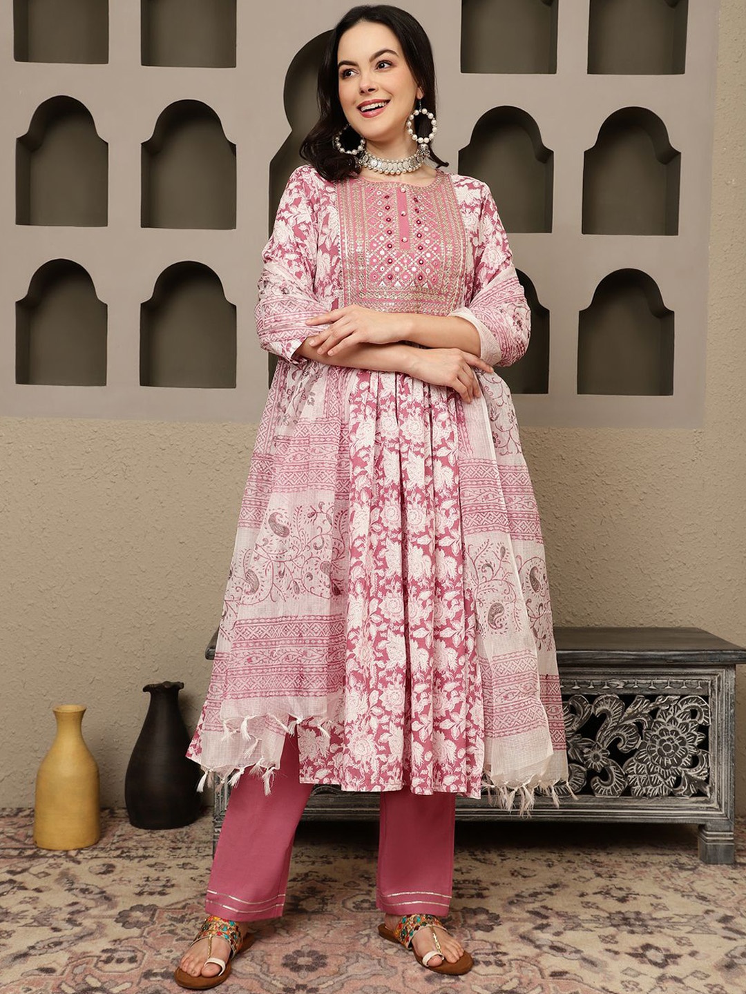 

Sangria Mauve Floral Embroidered Pure Cotton Sequinned Kurta Kurta With Trousers & Dupatta