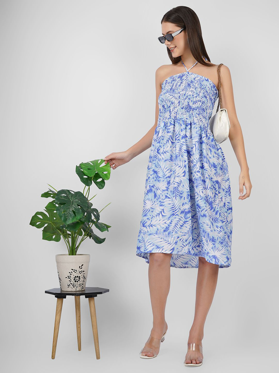 

Beatnik Women Floral Printed Halter Neck Smocked Knee Length Dress, Blue
