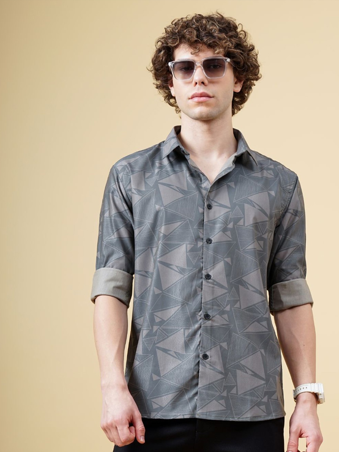 

PAUL STREET Men Classic Spread Collar Abstract Printed Slim Fit Casual Shirt, Green