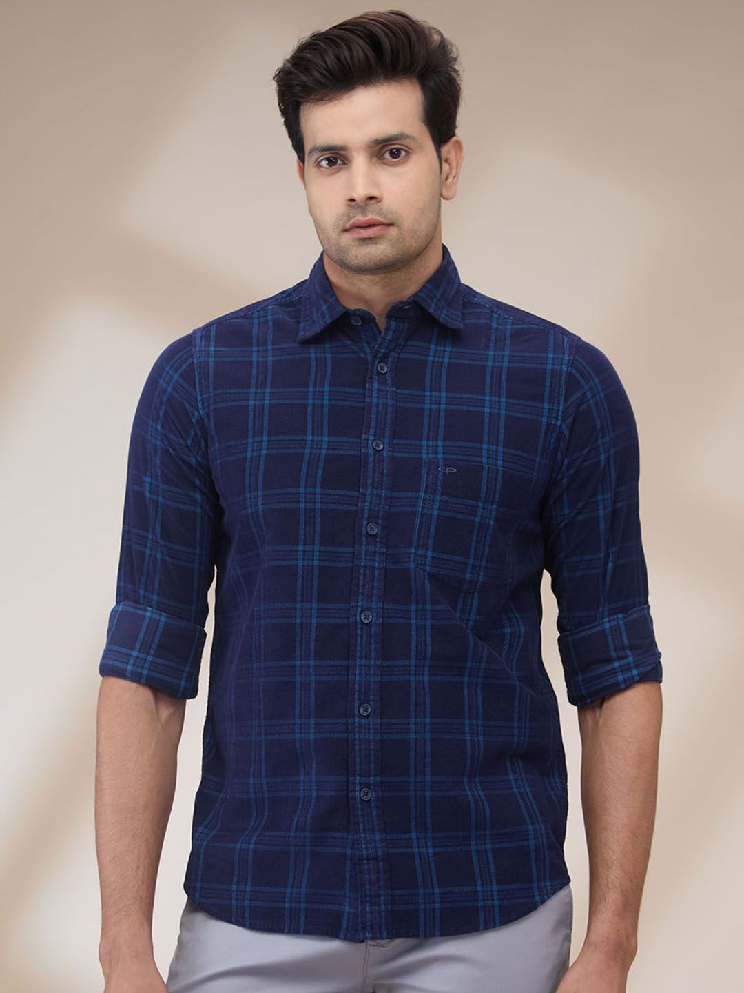 

ColorPlus Men Spread Collar Tartan Checked Cotton Casual Shirt, Blue