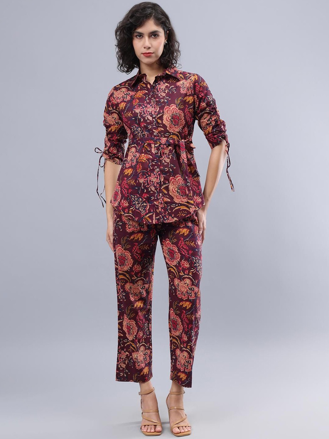 

CORDSET Printed Pure Cotton Collar Shirt With Trousers Co-Ords, Maroon