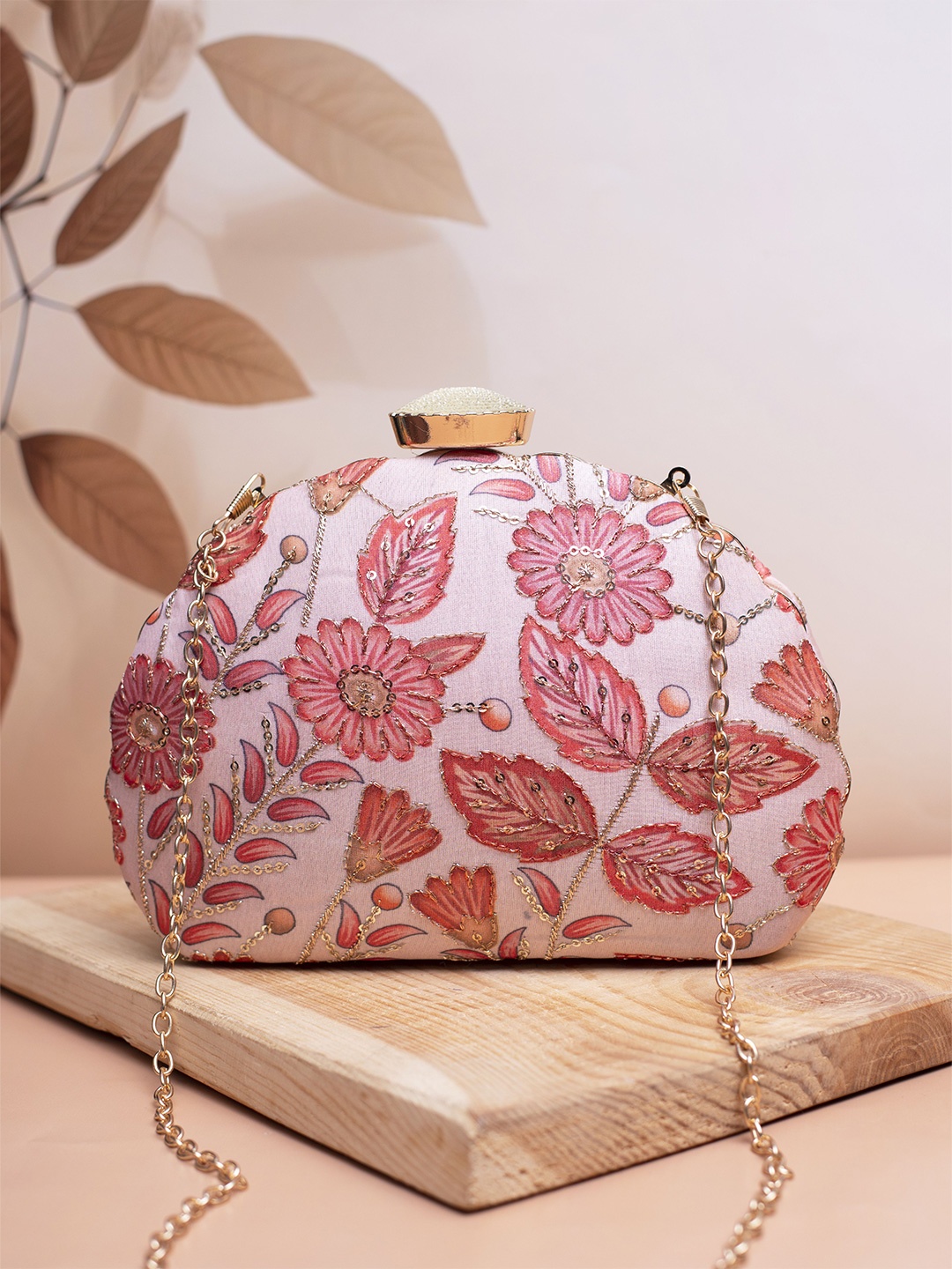 

ARTKLIM Floral Embroidered Sequinned Box Clutch, Pink