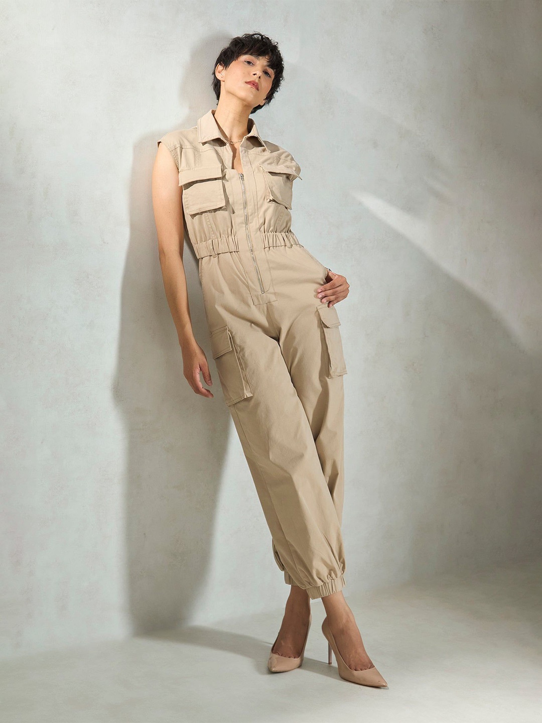 

Virgio Shirt Collar Basic Jumpsuit, Tan