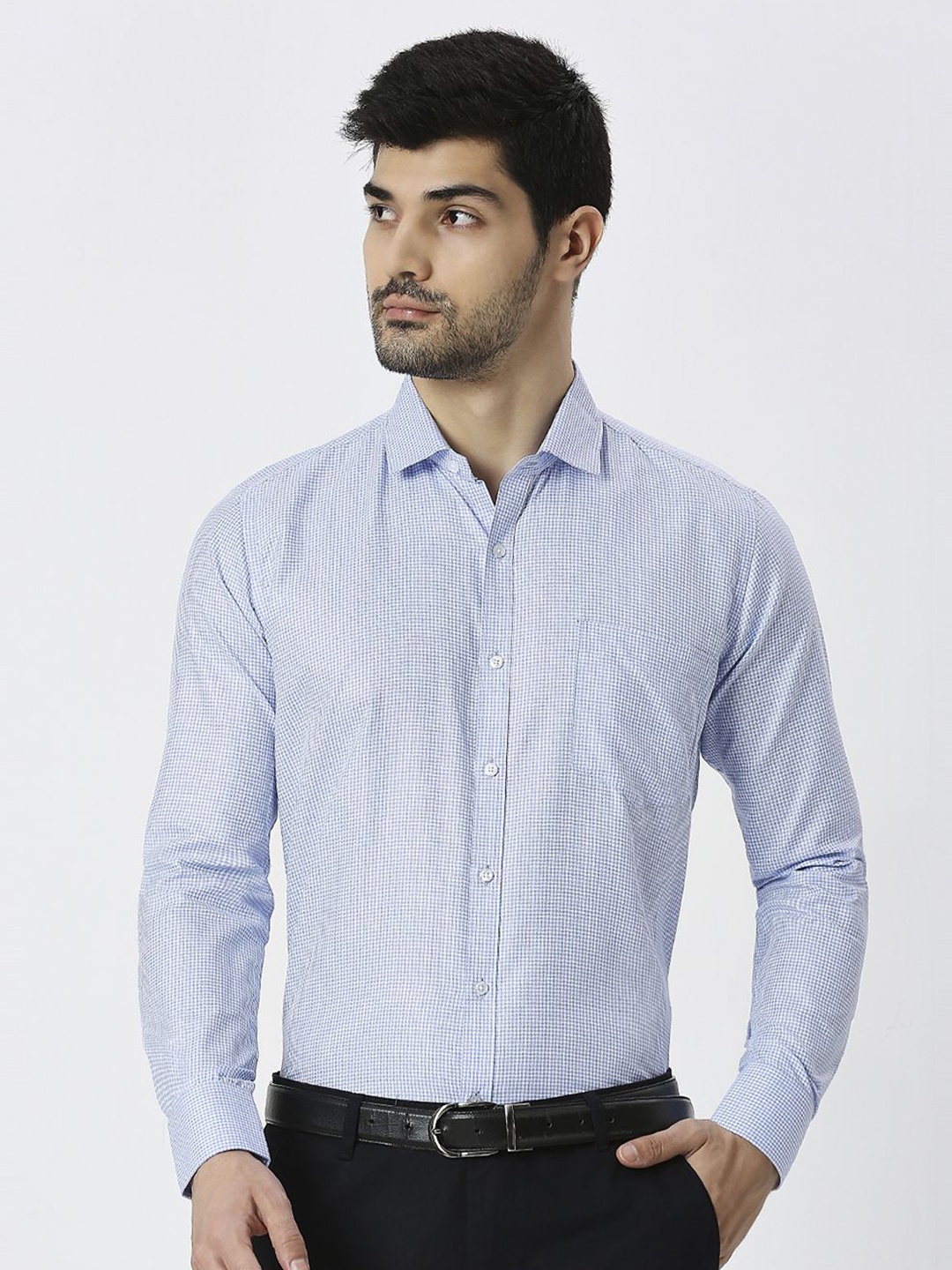 

MARK & ALBERT Men India Slim Spread Collar Micro Checked Cotton Formal Shirt, Blue