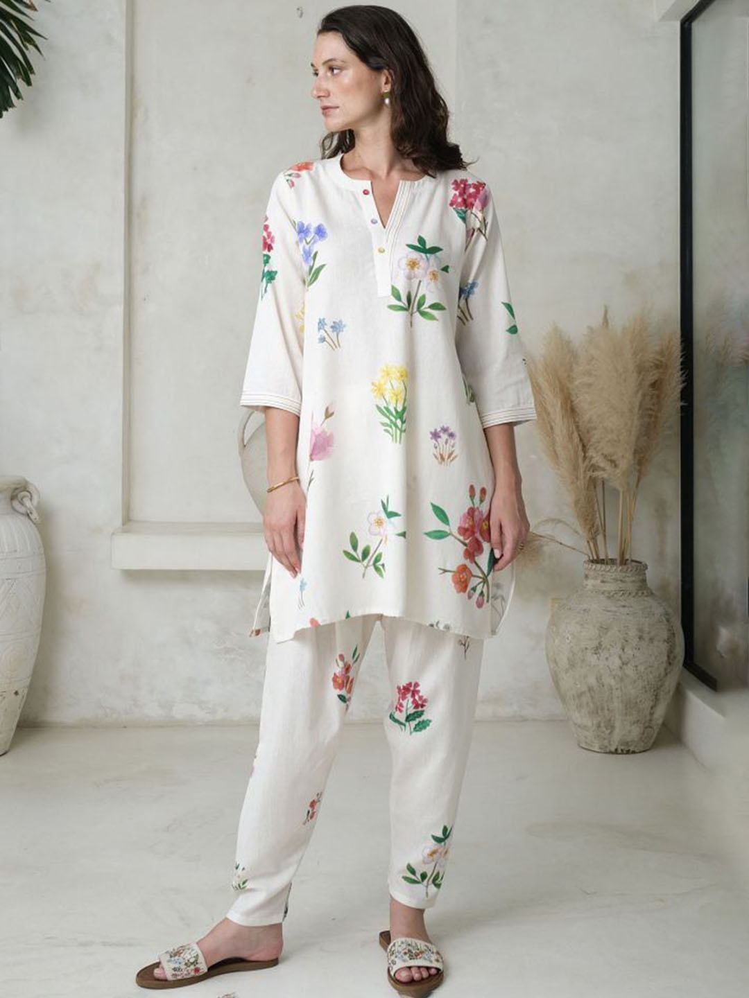 

Modestouze Attires Floral Printed Linen A Line Kurta with Trousers, White