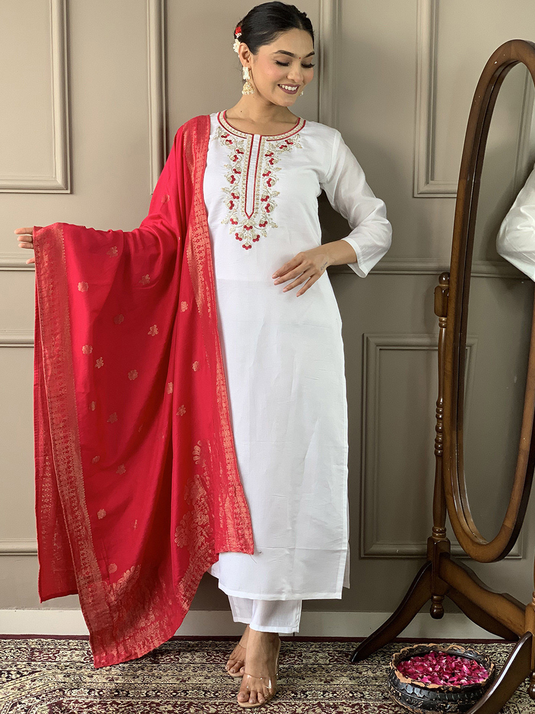 

KALINI Floral Yoke Design Thread Work Chanderi Silk Straight Kurta With Trousers & Dupatta, White