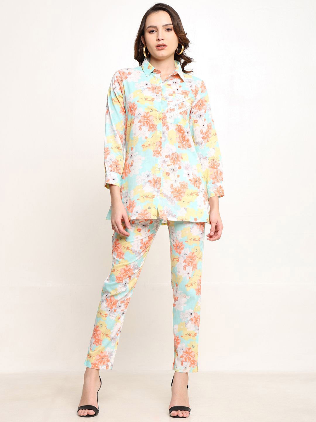 

CORDSET Printed Pure Cotton Shirt With Trousers Co-Ords, Cream