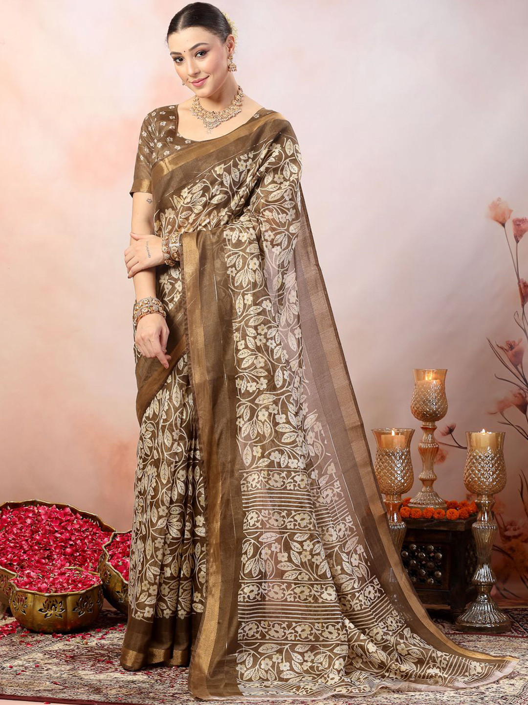 

Stylum Floral Printed Zari Saree With Blouse Piece, Brown