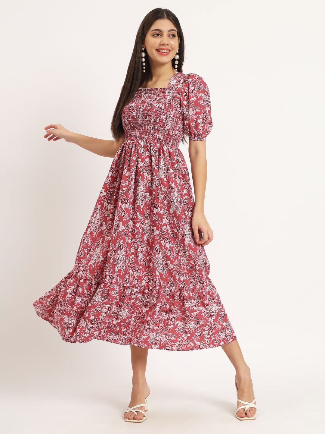 

ZWERLON Floral Printed Puff Sleeve Fit and Flare Midi Dress, Red