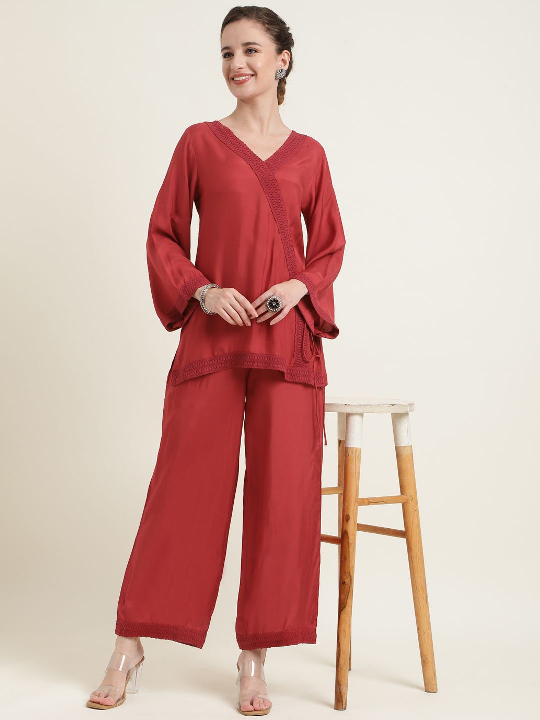 

ZARI Flared Sleeves Lace Wrap Top With Trouser, Red