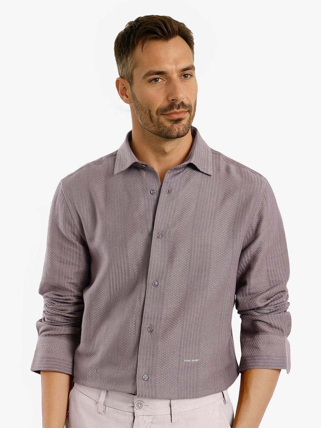 

RARE RABBIT Men Comfort Spread Collar Textured Cotton Casual Shirt, Brown