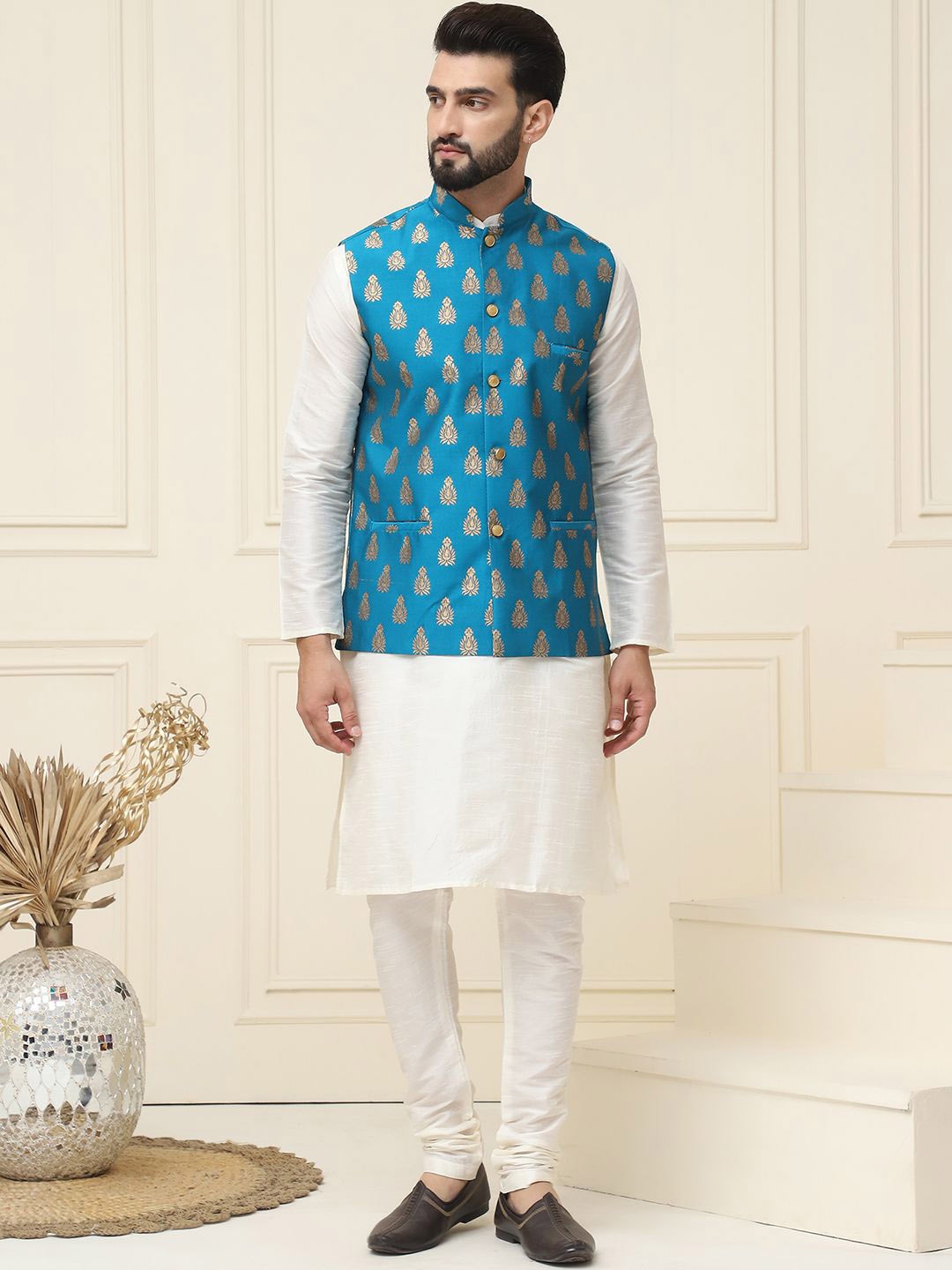 

SOJANYA Mandarin Collar Silk Cotton Straight Kurta with Churidar & Nehru jacket, Cream