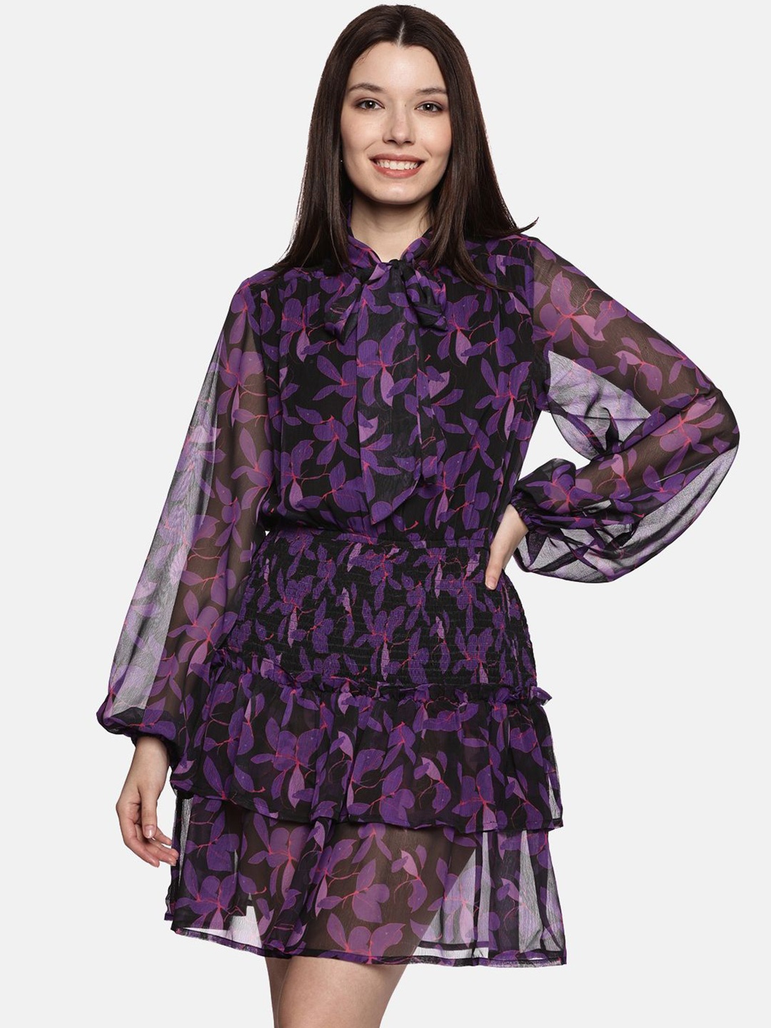 

ISU Women Floral Printed Long Sleeves Fit and Flare Mini Dress, Purple