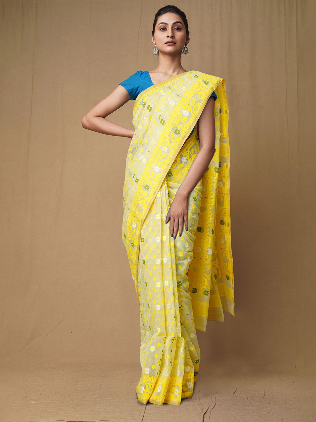 

Unnati Silks Ethnic Motifs Pure Cotton Handloom Jamdani Saree, Cream