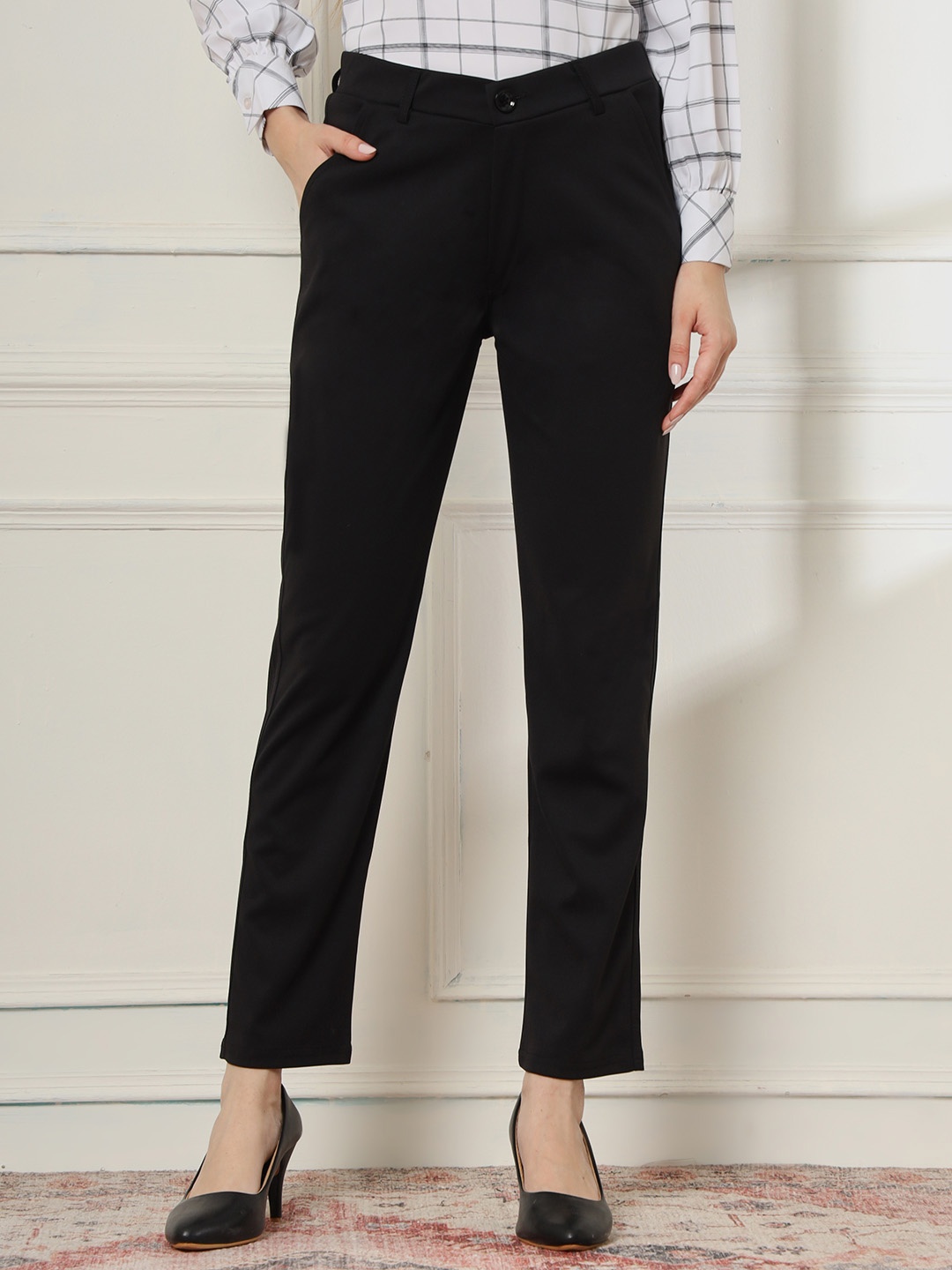 

FITHUB Women Slim Fit High-Rise Wrinkle Free Formal Trousers, Black