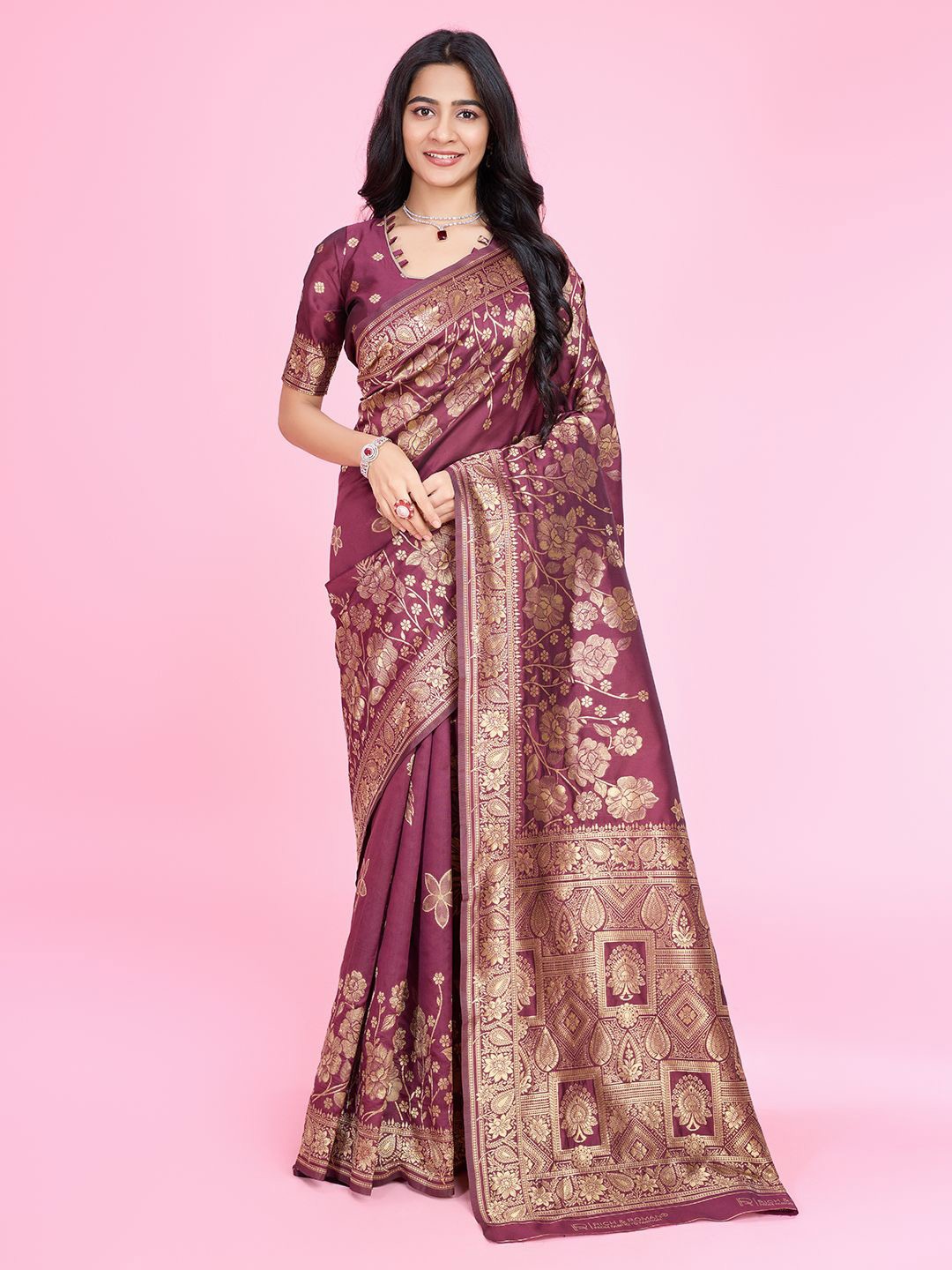 

RICH & ROMAN Woven Design Zari Pure Silk Banarasi Saree, Burgundy