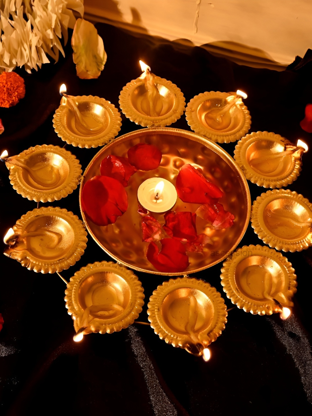 

Ascension Gold Toned Metal Decorative Bowl With 10 Attached Oil Diyas