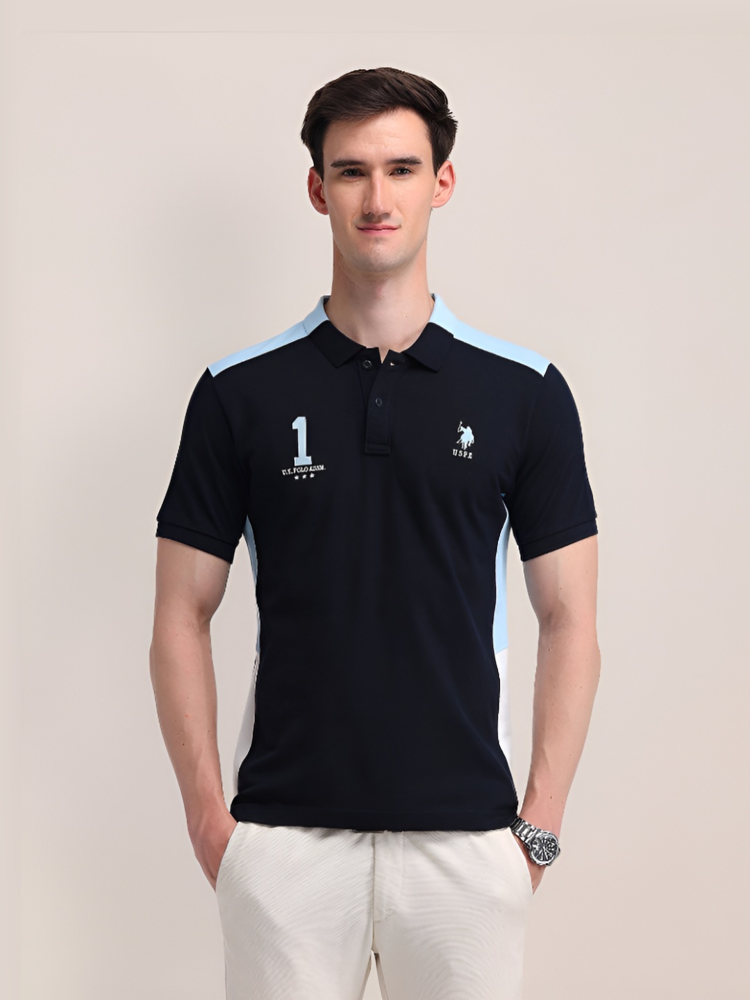 

U.S. Polo Assn. Men Brand Logo Solid Slim Fit Pure Cotton T-shirt, Navy blue