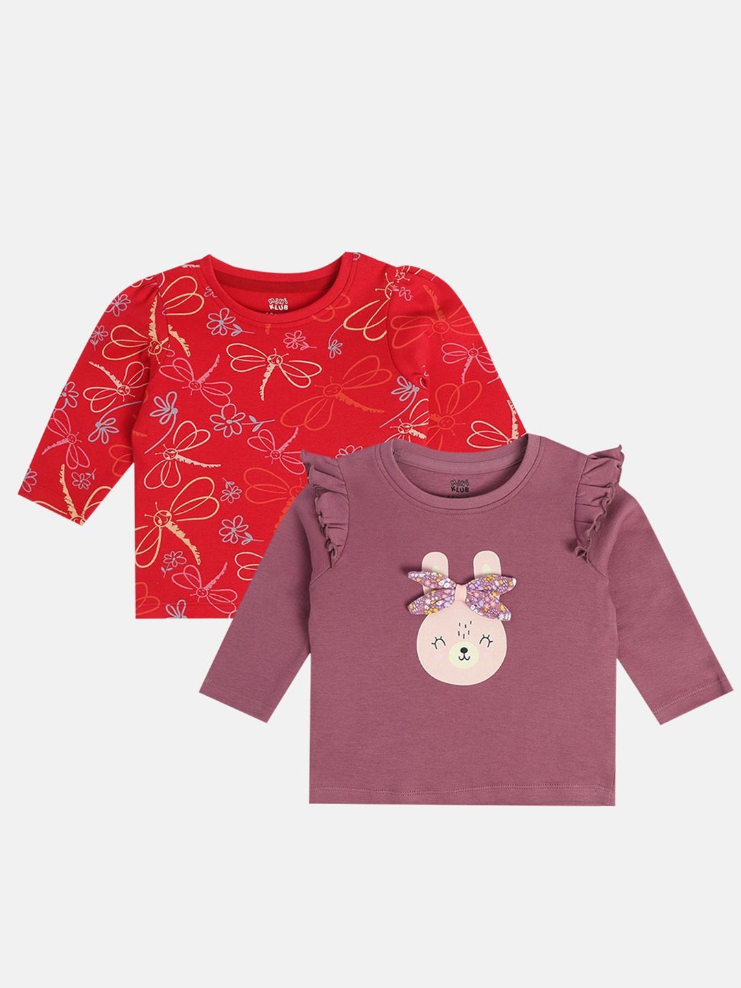 

MINI KLUB Girls Pack Of 2 Conversational Printed Round Neck Cotton Tops, Mauve