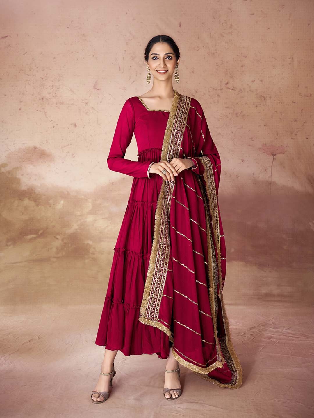 

Fusionic Women Embroidered Maxi Regular Sleeves Ethnic Dresses, Red