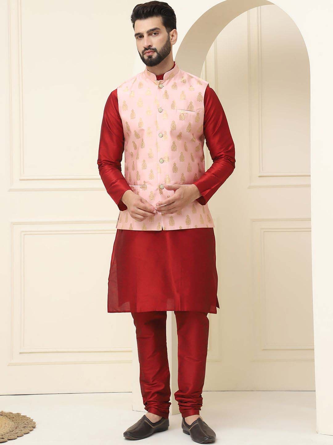 

SOJANYA Mandarin Collar Silk Cotton Straight Kurta with Churidar & Nehru jacket, Maroon