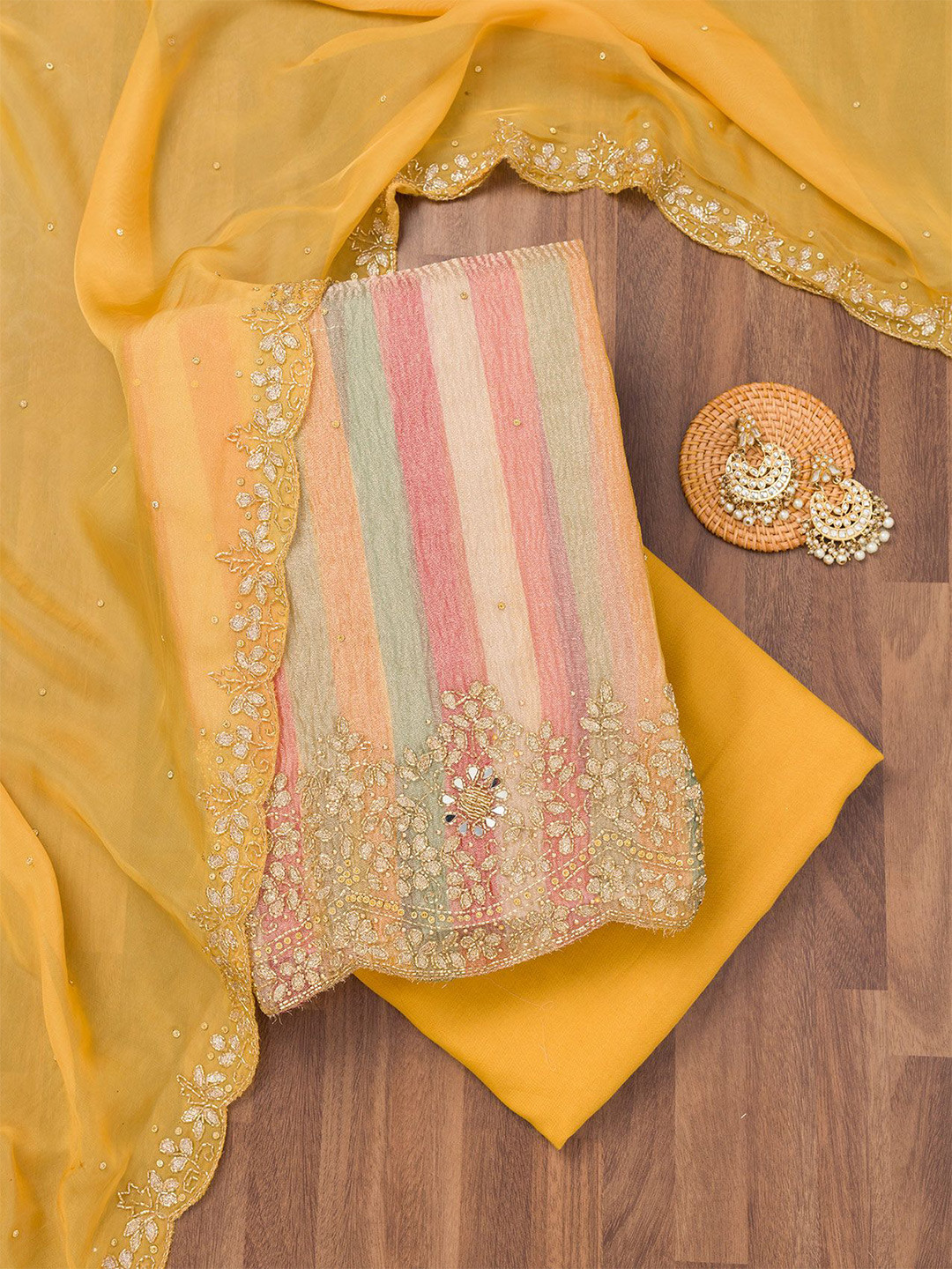 

Koskii Floral Embroidered Beads and Stones Cutdana Tissue Unstitched Dress Material, Yellow