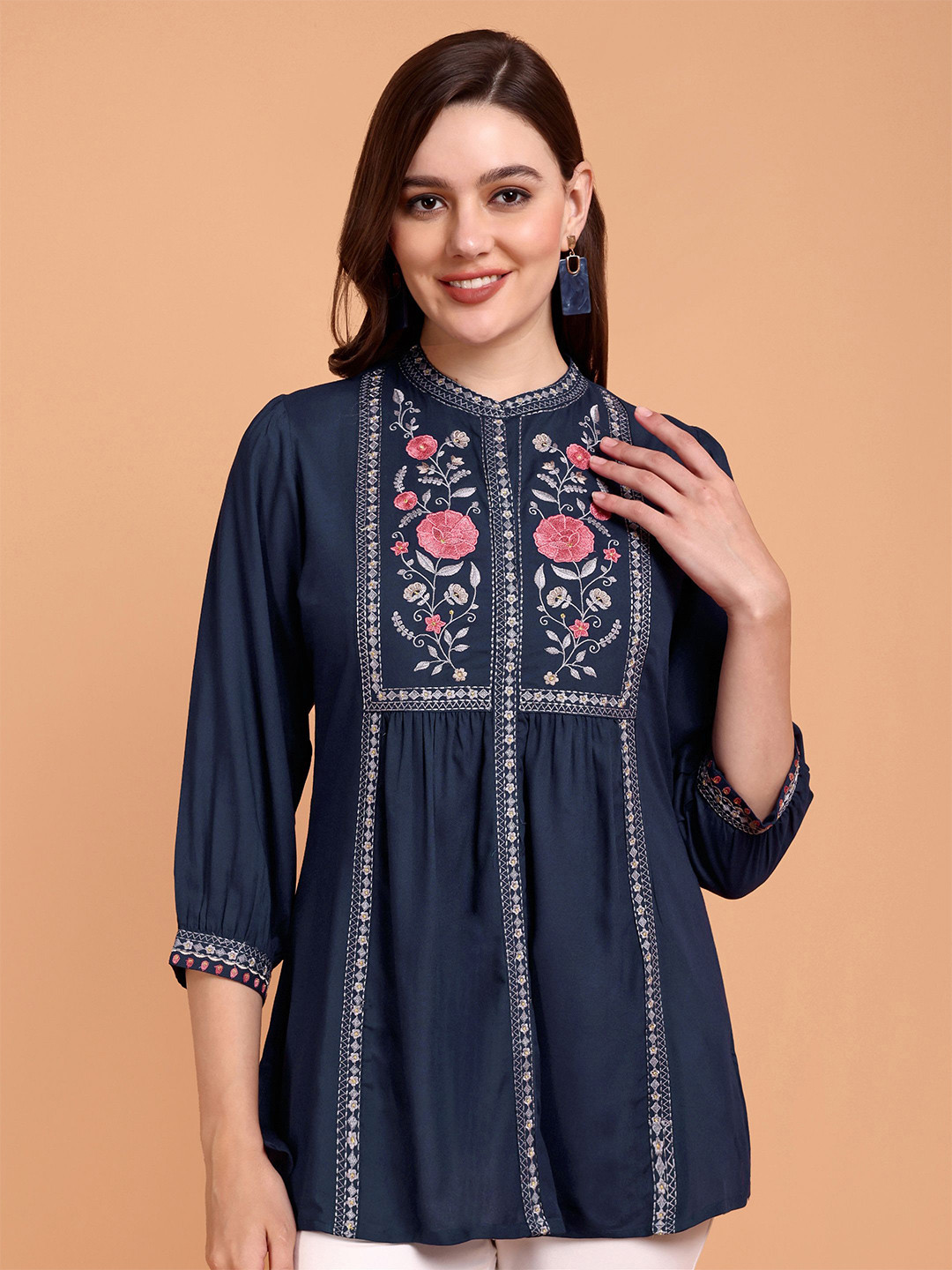 

Atha Fashion Floral Embroidered Thread Work Pure Cotton Thread Work Kurti, Blue