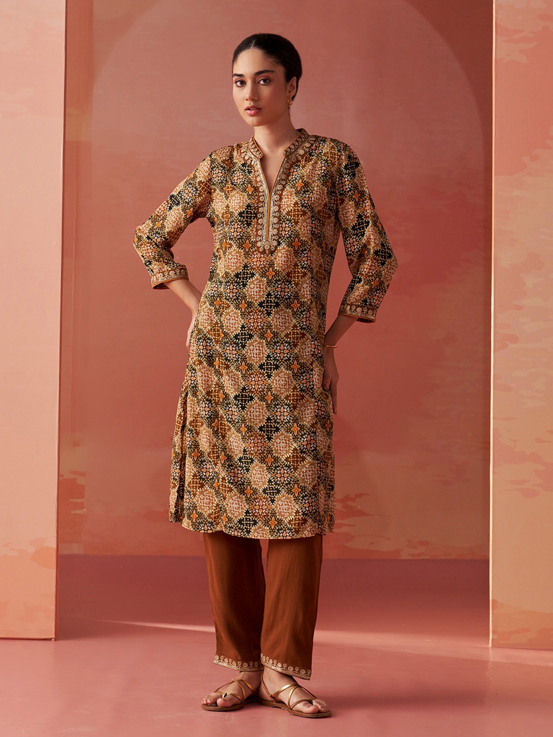 

Lakshita Ethnic Motifs Printed Sequinned Mandarin Collar Straight Kurta With Trousers, Mustard