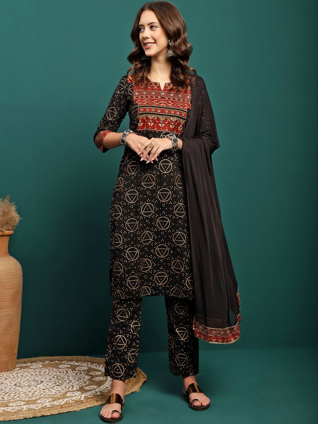 

BANDIA Ethnic Motifs Printed Mirror Work Pure Cotton Kurta with Trousers & Dupatta, Black