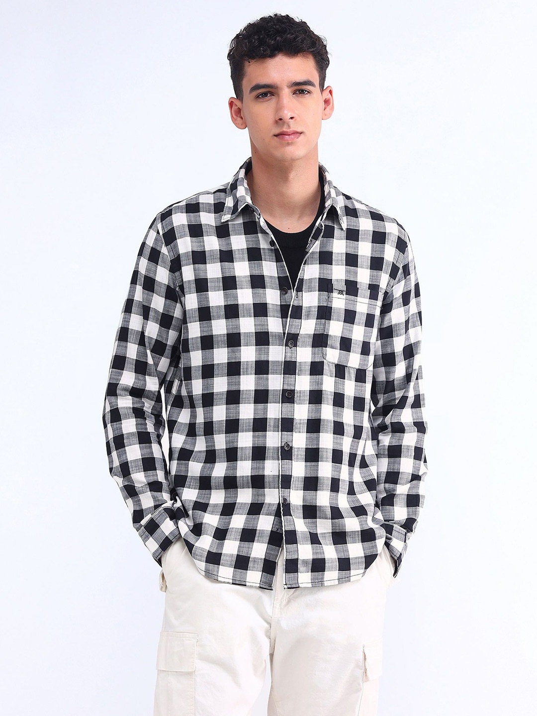 

Flying Machine Men Spread Collar Checked Cotton Casual Shirt, Black