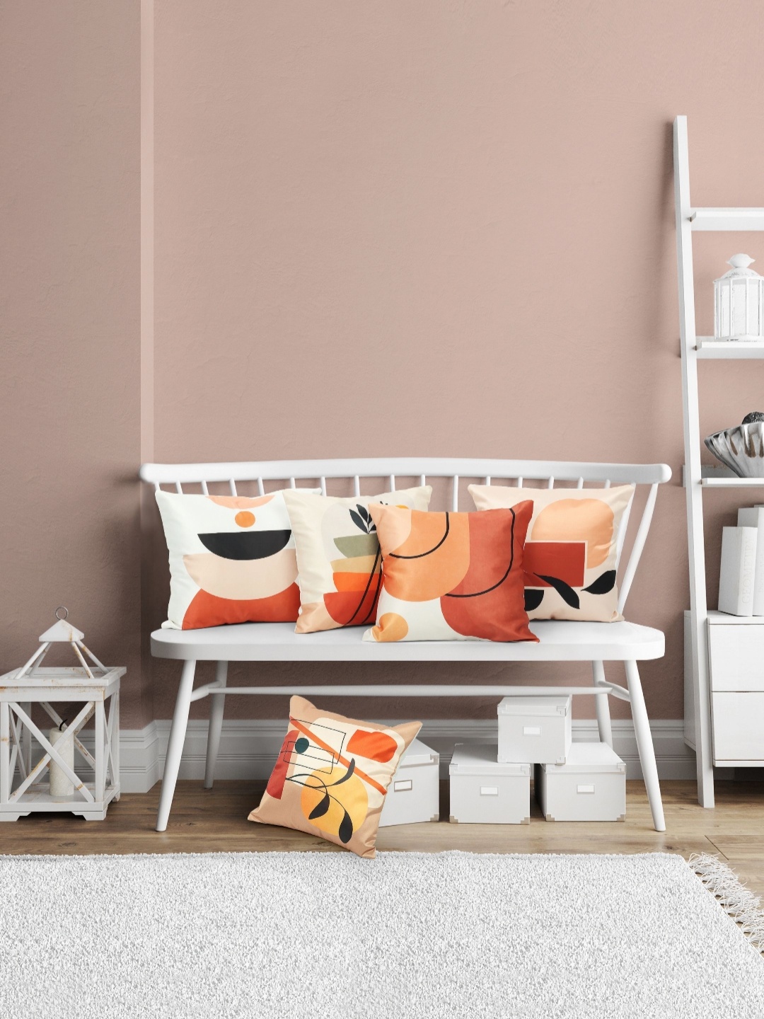 

Vendola Peach-Coloured & Red 5 Pieces Geometric Satin Square Cushion Covers