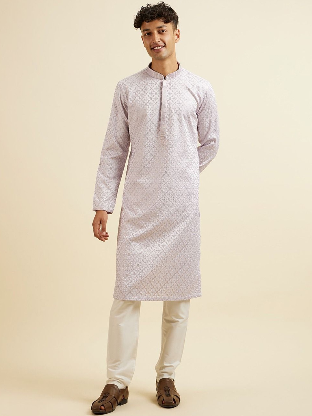 

Manyavar Ethnic Motifs Embroidered Regular Thread Work Satin Kurta With Pyjama, Purple