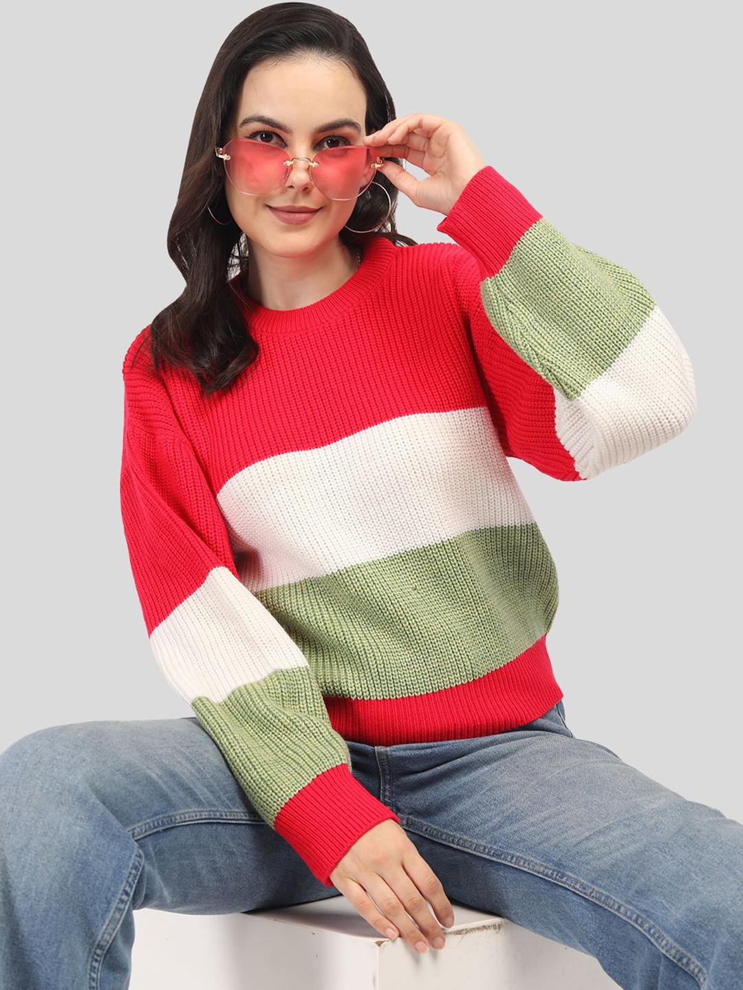 

CHKOKKO Women Colourblocked Woollen Pullover, Red