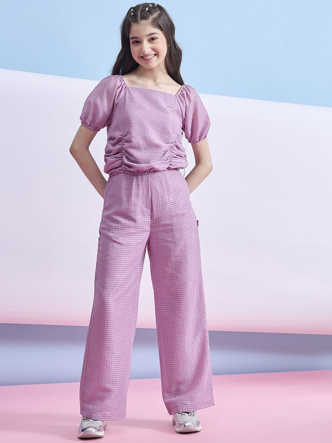 

Stylo Bug Girls Self Design Square Neck Top With Trousers, Pink