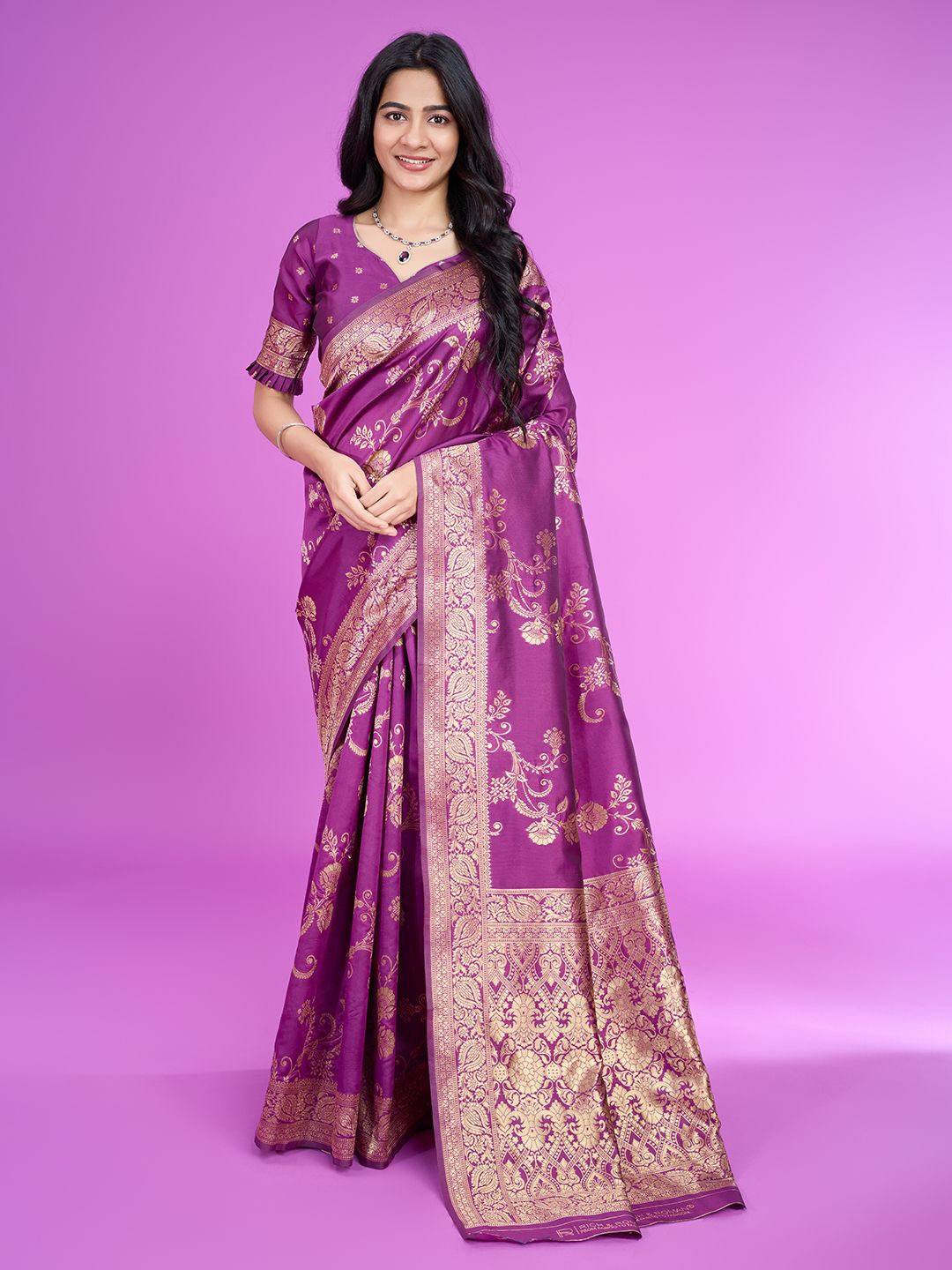 

RICH & ROMAN Ethnic Motifs Woven Design Zari Pure Silk Banarasi Saree, Purple