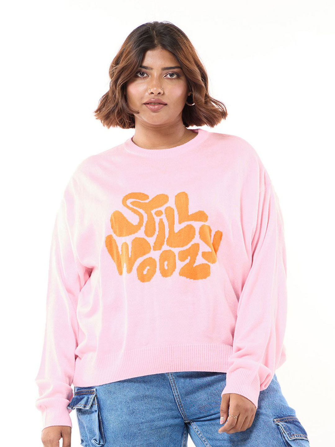 

Bewakoof Plus Women Typography Printed Round Neck Pullover, Pink