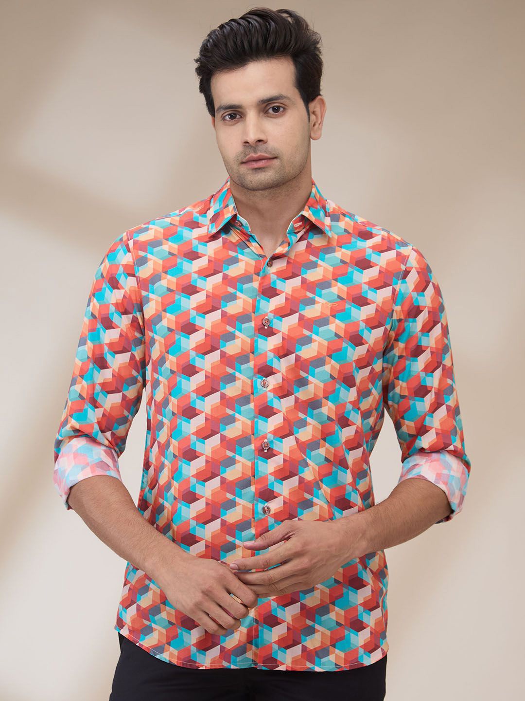 

ColorPlus Men Spread Collar Geometric Printed Cotton Casual Shirt, Orange