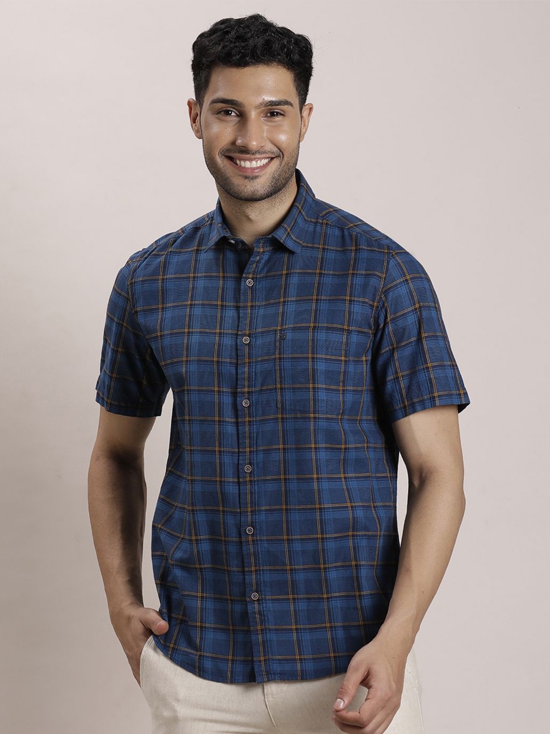 

Turtle Men Relaxed Spread Collar Tartan Checked Cotton Slim Fit Casual Shirt, Blue