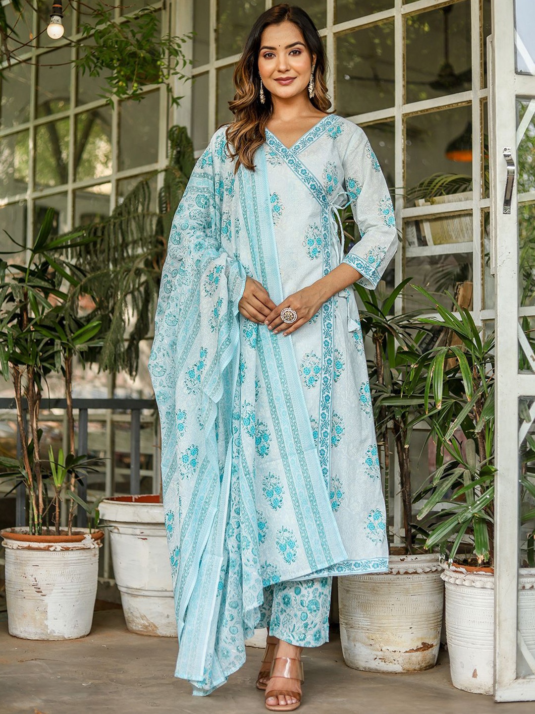 

Benaaz Floral Printed V-Neck Pure Cotton A-Line Kurta With Trousers & Dupatta, Blue